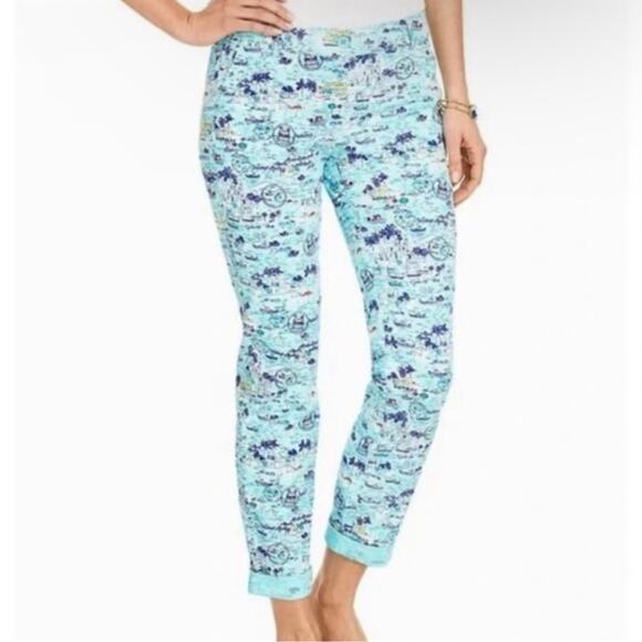Talbots The Weekend Chino Pant in Aqua Blue w/ Tropical Scenic Print Size 12 - Picture 2 of 15